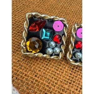 Vtg '80s Mogul Gripoix Style Gold Tone Chunky Clip-On Earrings Rhinestones